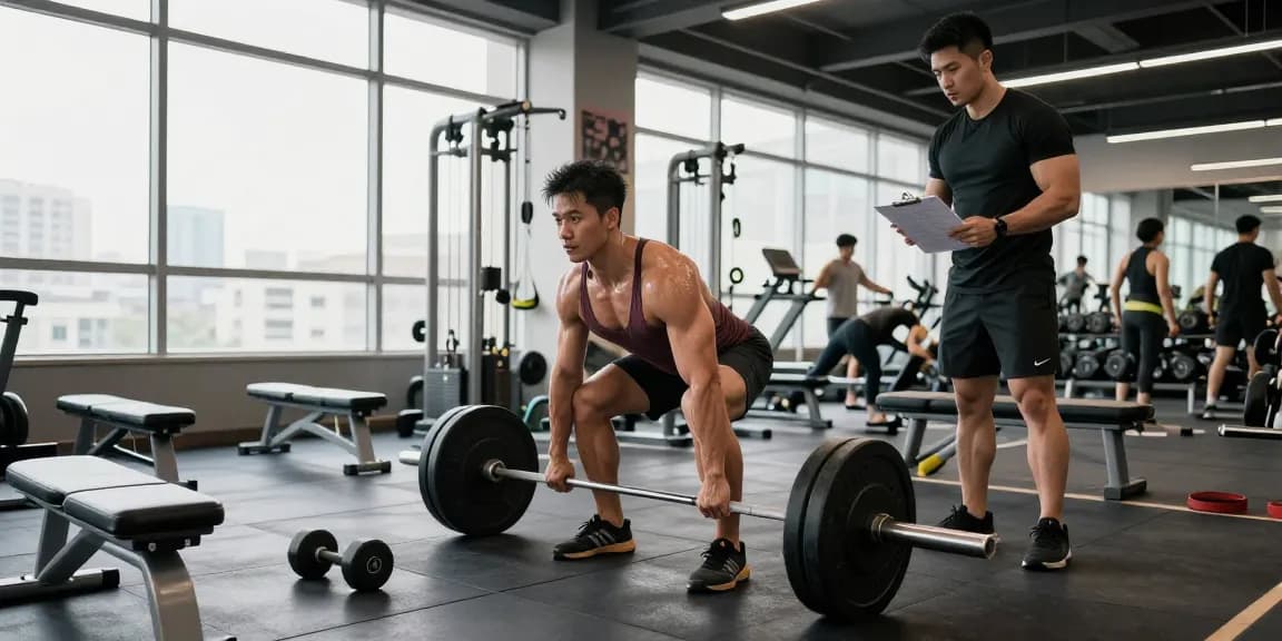 Anabolika Shop: Bodybuilder im Fitnessstudio beim Deadlift-Training mit professioneller Anleitung und motivierender Umgebung.