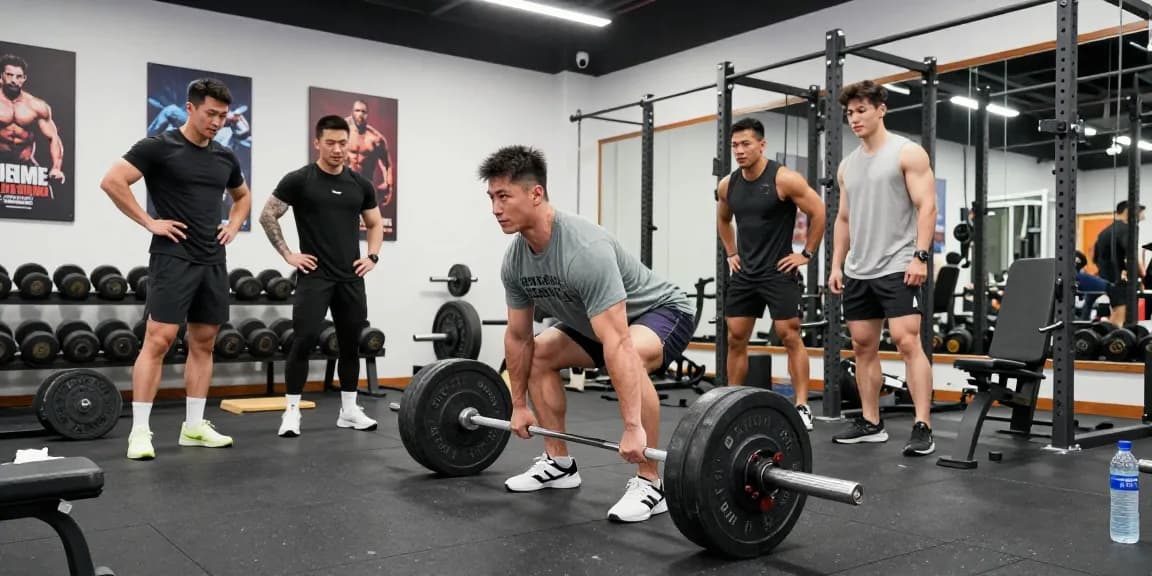 Bodybuilder im Fitness-Studio beim Training mit Selliza Shop Produkten, energetische Atmosphäre.