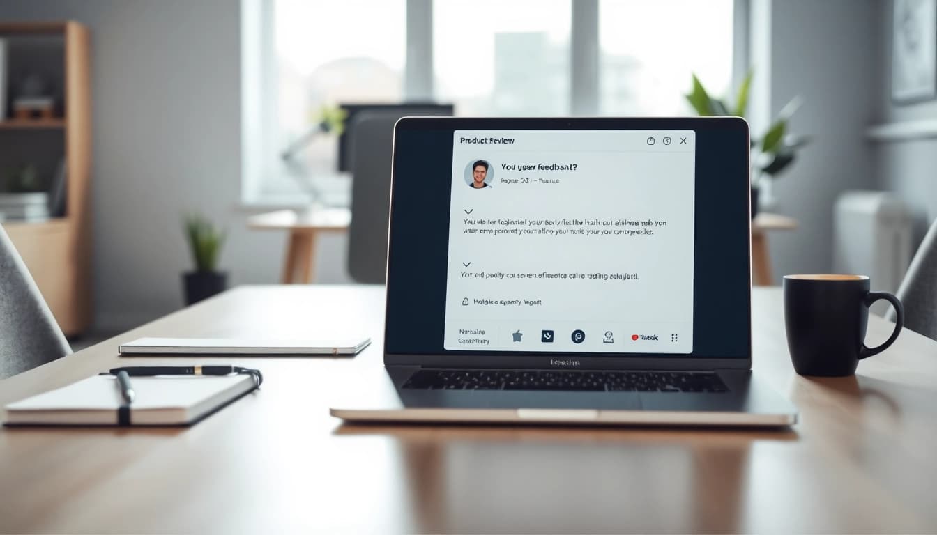 Evodrop Erfahrung in einer Nutzerbewertung, dargestellt durch einen Laptop, der positives Feedback zeigt.