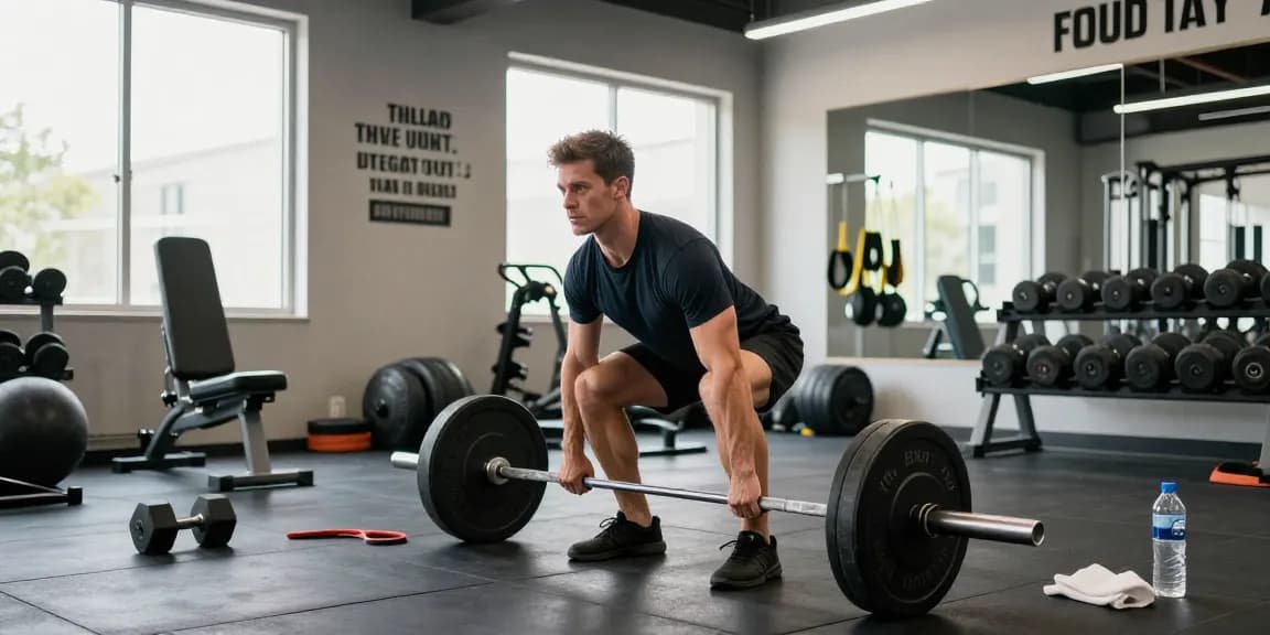 Anabolika Shop: Athlet beim Deadlift im modernen Fitnessstudio mit motivierender Atmosphäre.