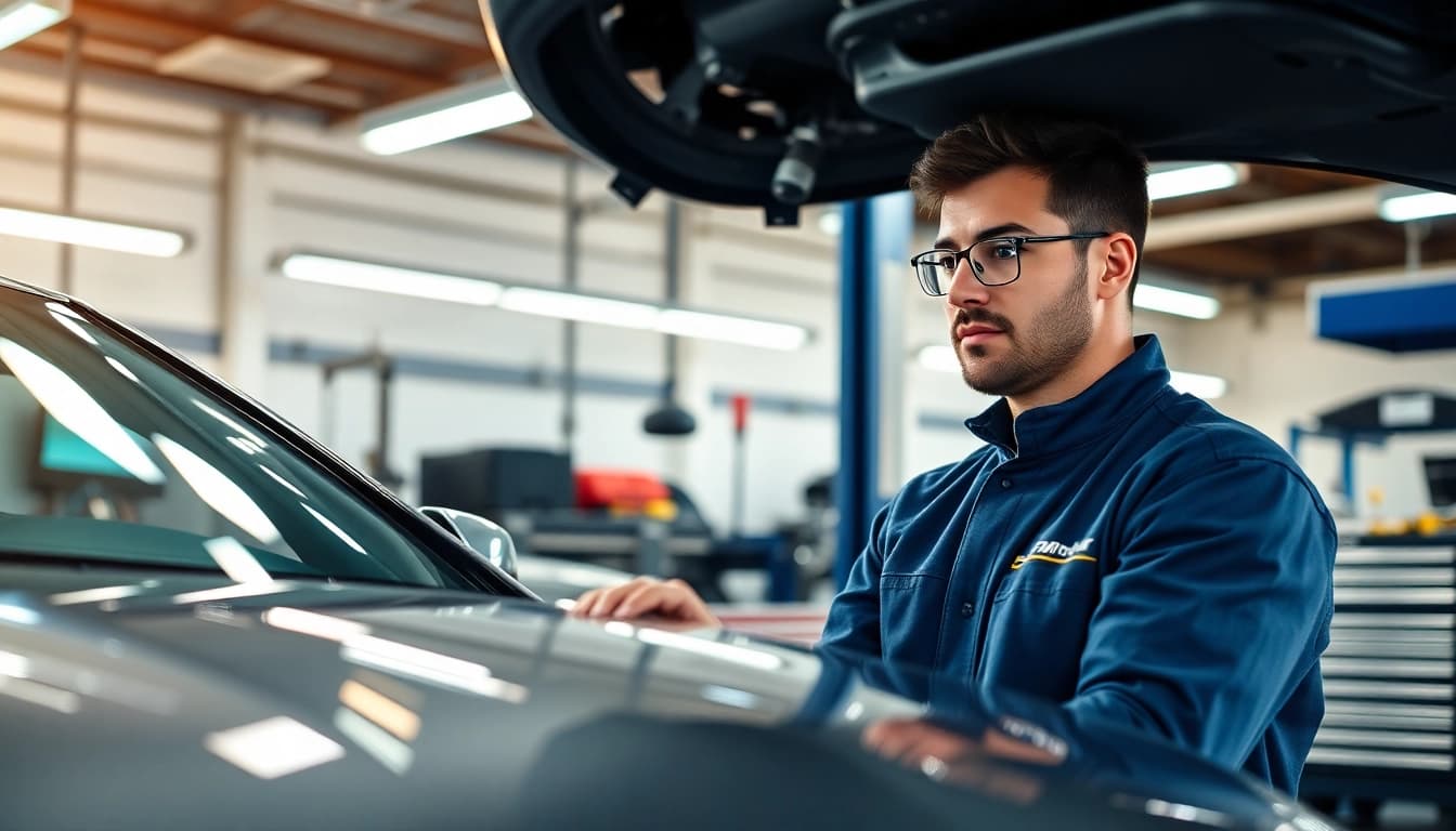 BMW Spezialist repariert ein Fahrzeug in einer modernen Werkstatt.