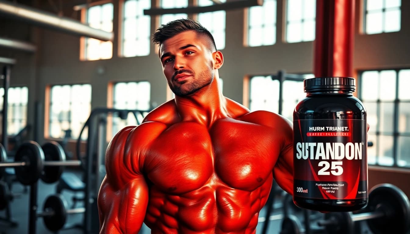 Sustanon 250 kaufen in einem Fitnessumfeld mit einem Bodybuilder, der Krafttraining macht.