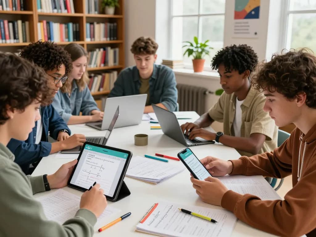 Schüler verwenden eine Hausaufgaben Scanner-App in einem hellen Lernumfeld.