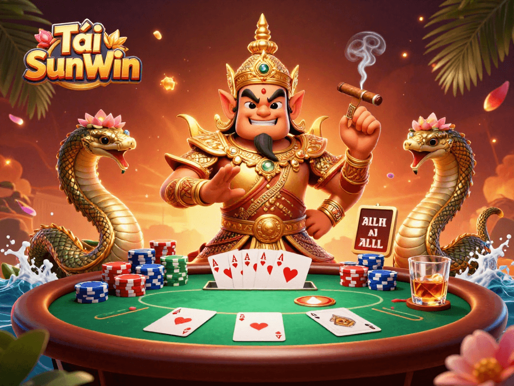 Tải SunWin showcases an enthralling poker scene with colorful chips, cards, and charismatic characters.