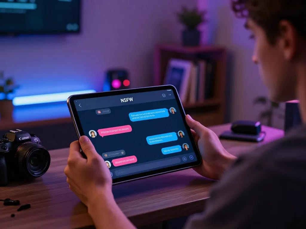User engaging with an NSFW chat bot on a tablet in a cozy modern room, showing vibrant conversation.
