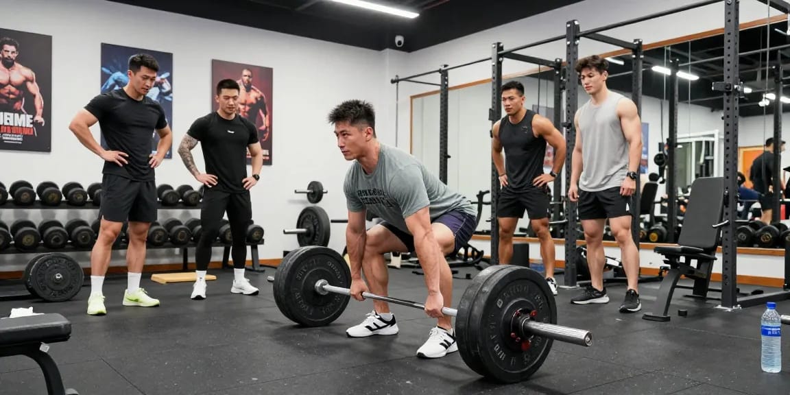 Bodybuilder im Fitness-Studio beim Training mit Selliza Shop Produkten, energetische Atmosphäre.