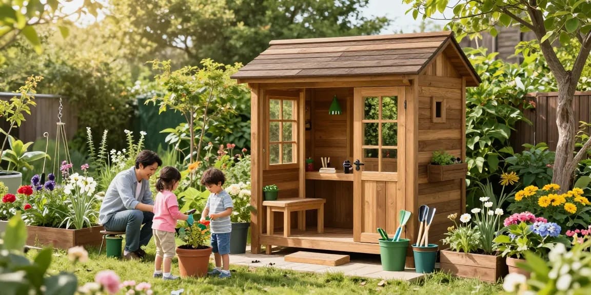 Gemütliches Gartenhaus umgeben von bunten Blumen, Familienaktivitäten im Garten, Gartenarbeit.