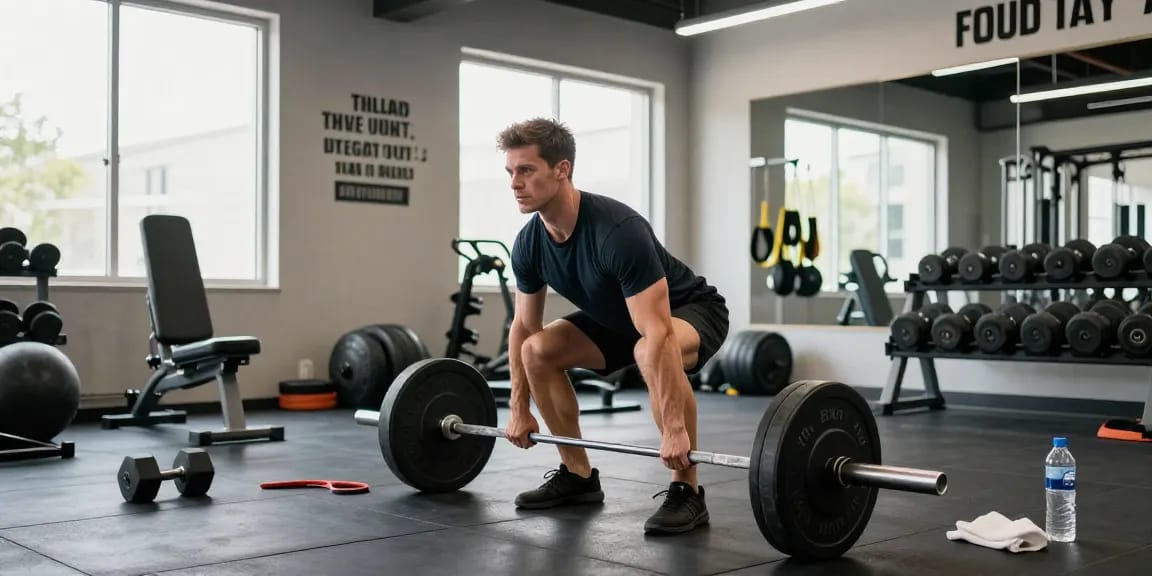 Anabolika Shop: Athlet beim Deadlift im modernen Fitnessstudio mit motivierender Atmosphäre.