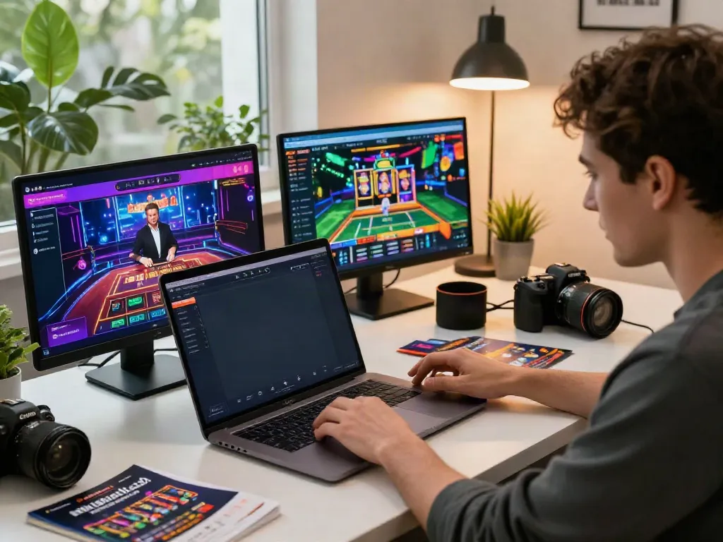 Engaging gaming experience on https://rikvipt1.co/ with colorful casino and sports betting screens in a modern workspace.