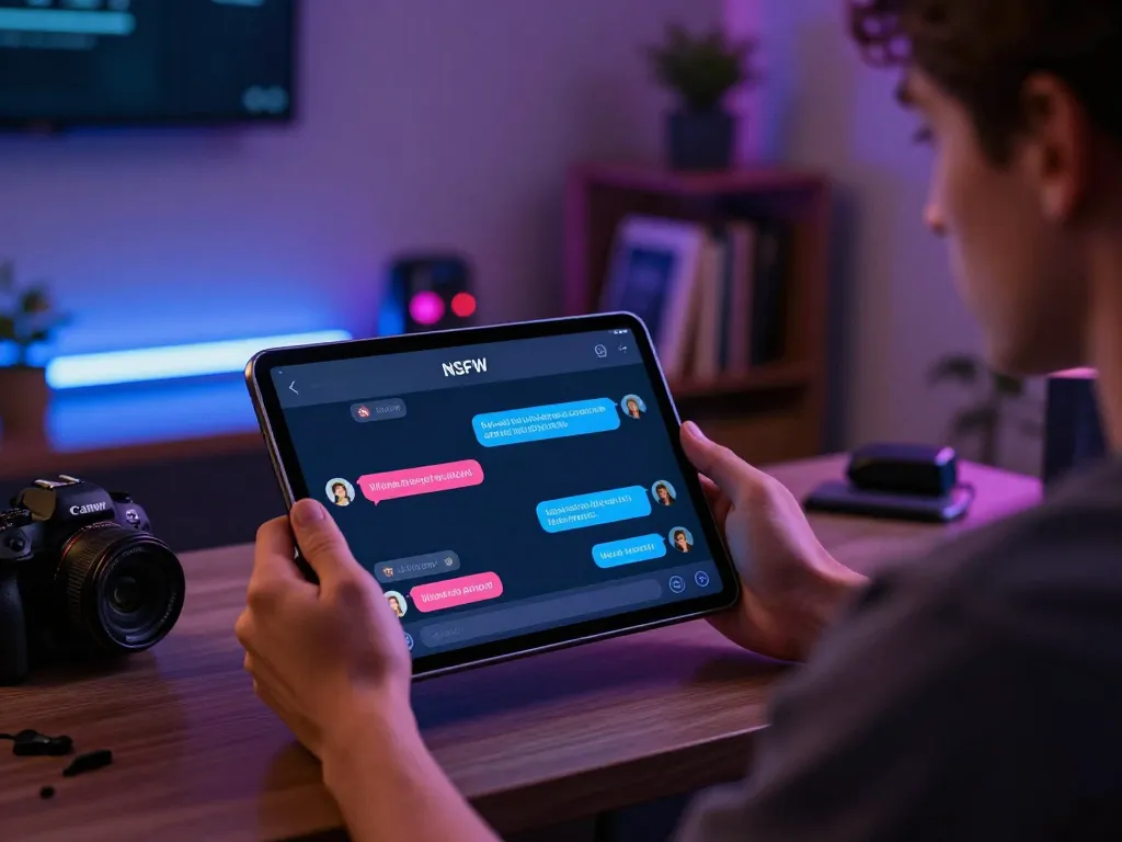 User engaging with an NSFW chat bot on a tablet in a cozy modern room, showing vibrant conversation.