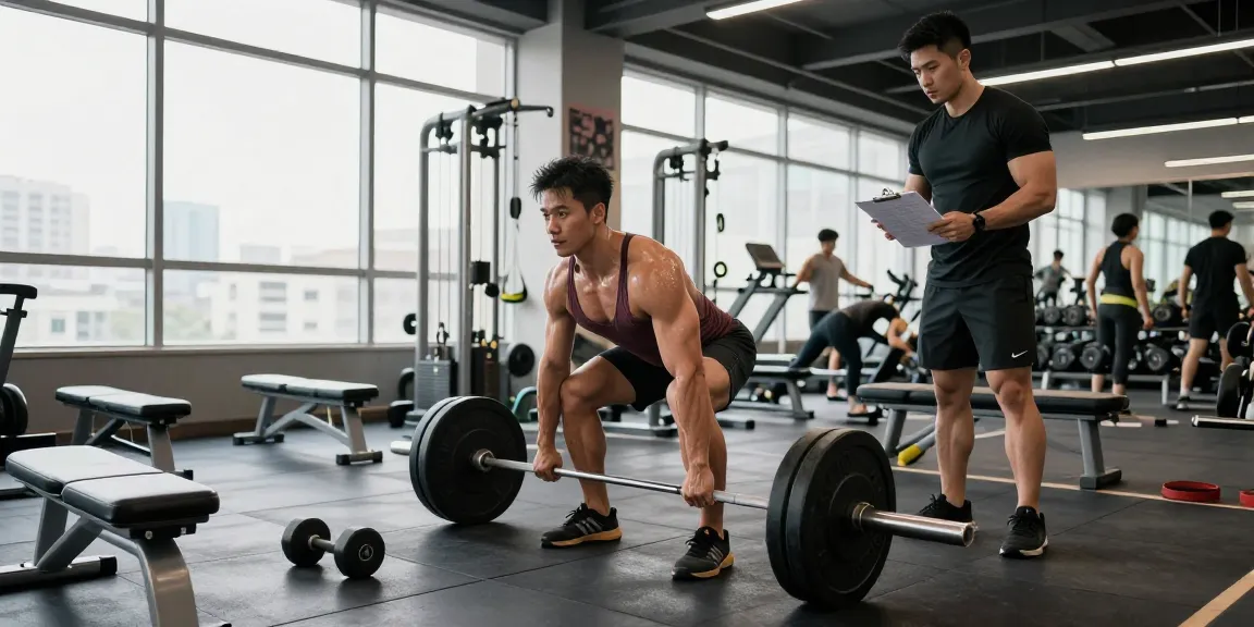 Anabolika Shop: Bodybuilder im Fitnessstudio beim Deadlift-Training mit professioneller Anleitung und motivierender Umgebung.