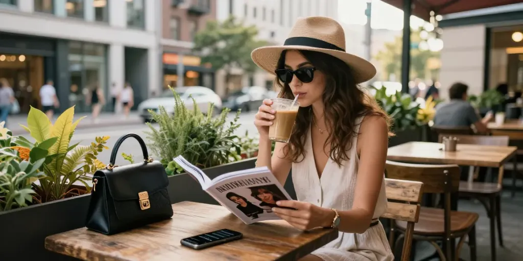 Stilvolle Frau bei https://www.lady-lifestyle.de/ in einem Café, umgeben von urbanem Flair und Mode.