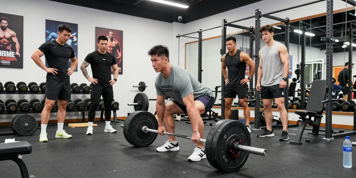 Bodybuilder im Fitness-Studio beim Training mit Selliza Shop Produkten, energetische Atmosphäre.