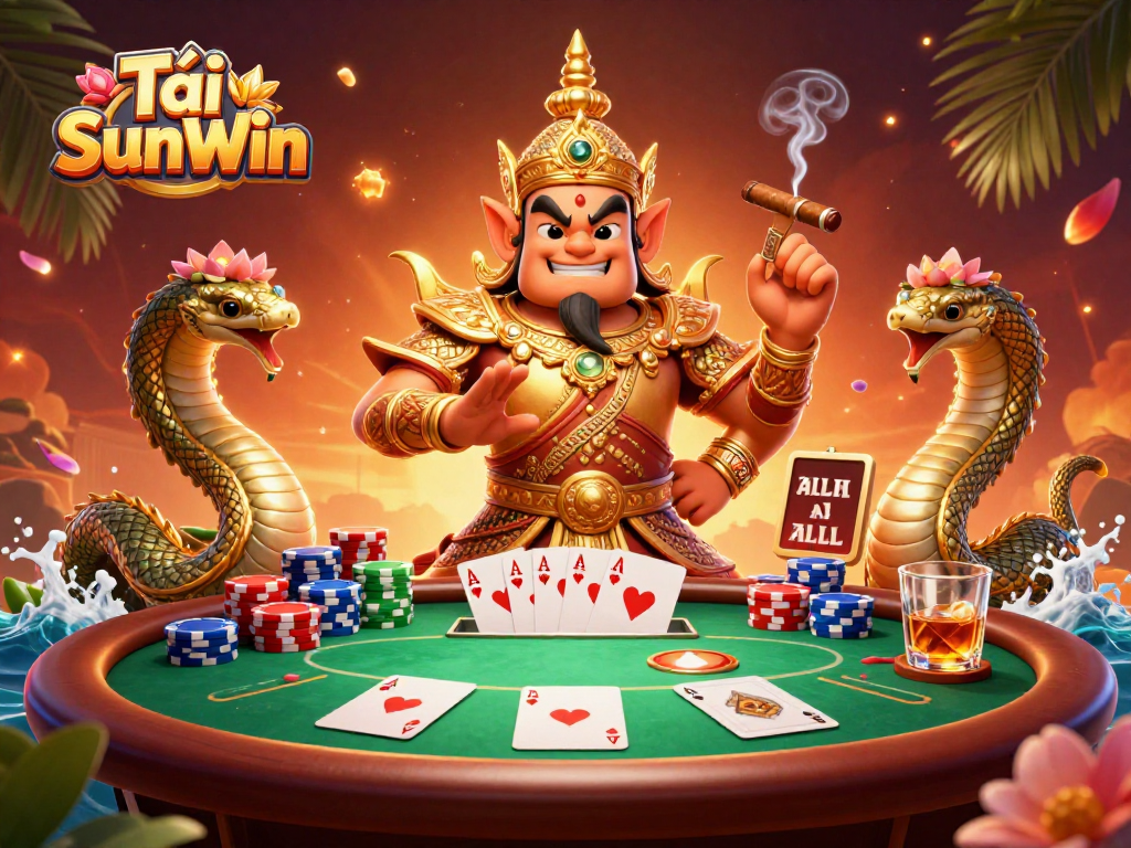 Tải SunWin showcases an enthralling poker scene with colorful chips, cards, and charismatic characters.