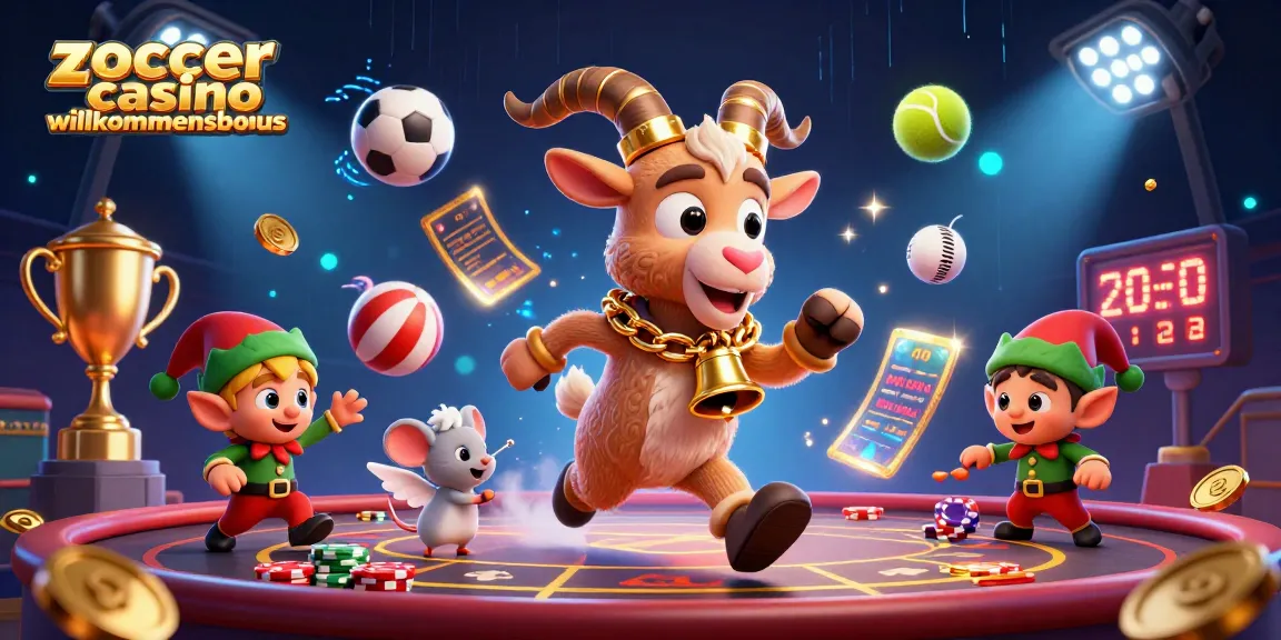 Zoccer Casino Willkommensbonus Aktion mit festlichem Krampus, der ein Casino betreibt, während ein Engel Mäuschen Ordnung hält.