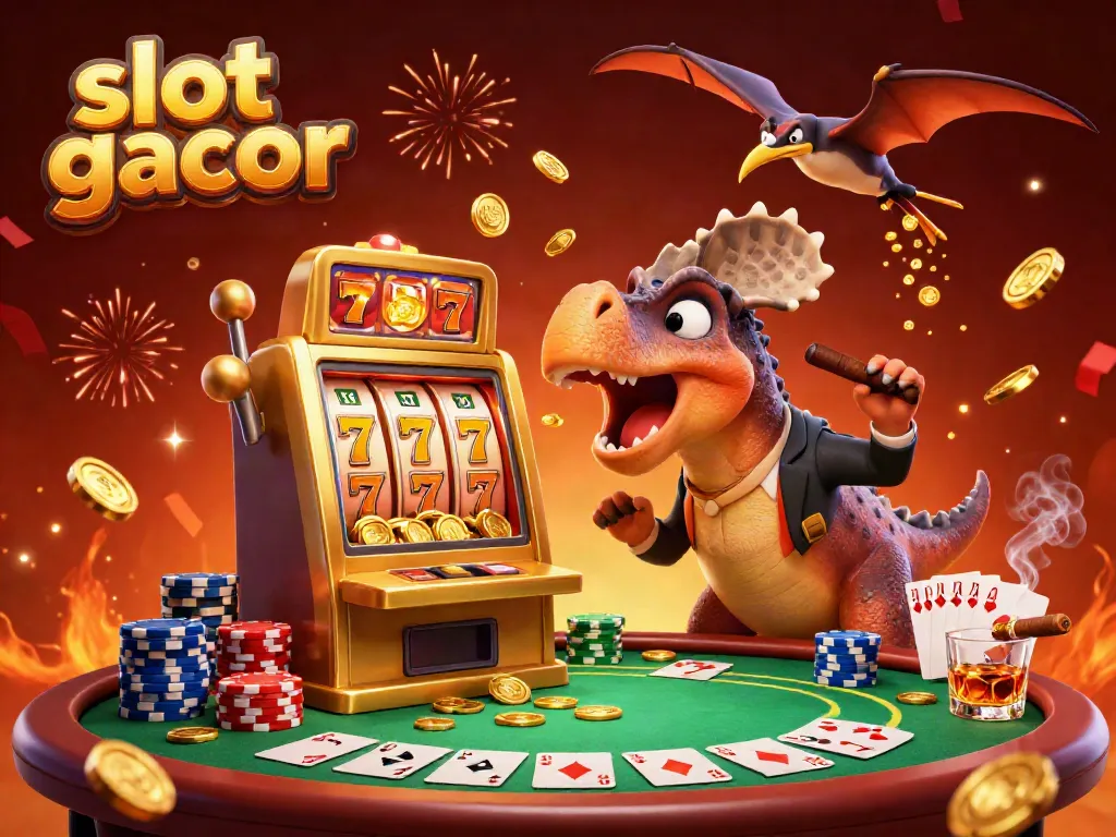 Experience slot gacor excitement as a pachycephalosaurus activates a golden slot machine while coins rain down.