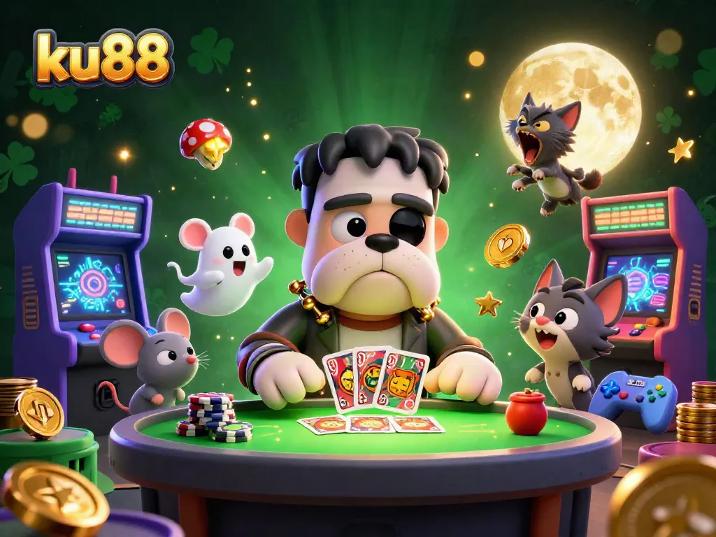 Experience thrilling card games at ku88 with whimsical characters and colorful casino elements.
