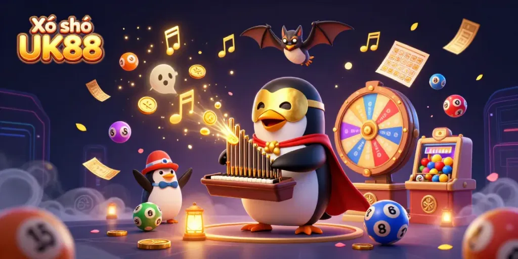 Engage with the exciting atmosphere of Xổ số UK88, featuring colorful lottery elements and a cartoon penguin surrounded by dynamic visuals.