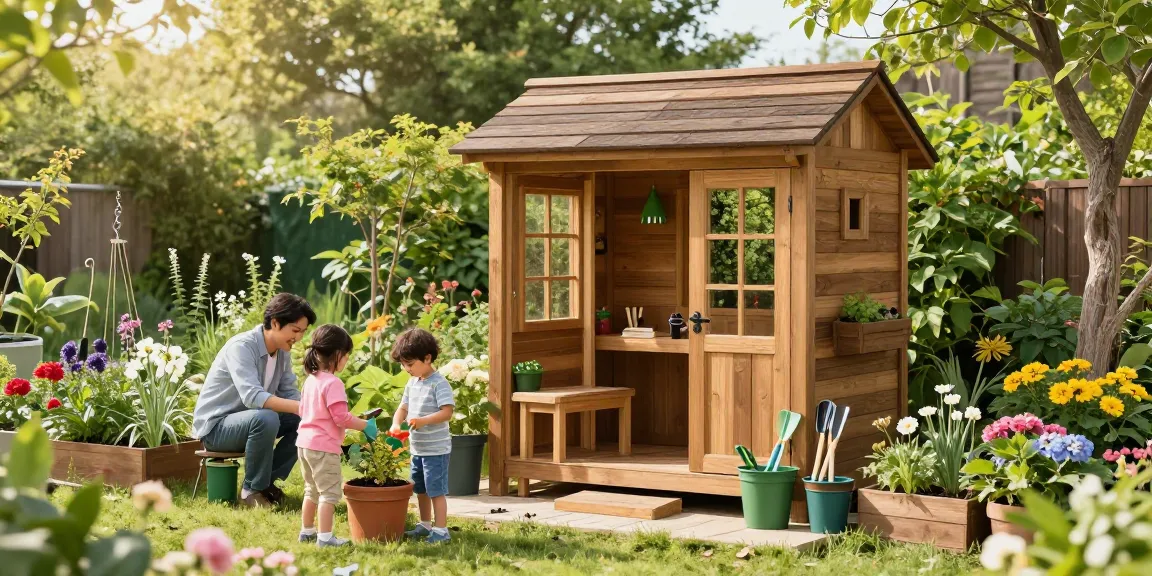 Gemütliches Gartenhaus umgeben von bunten Blumen, Familienaktivitäten im Garten, Gartenarbeit.