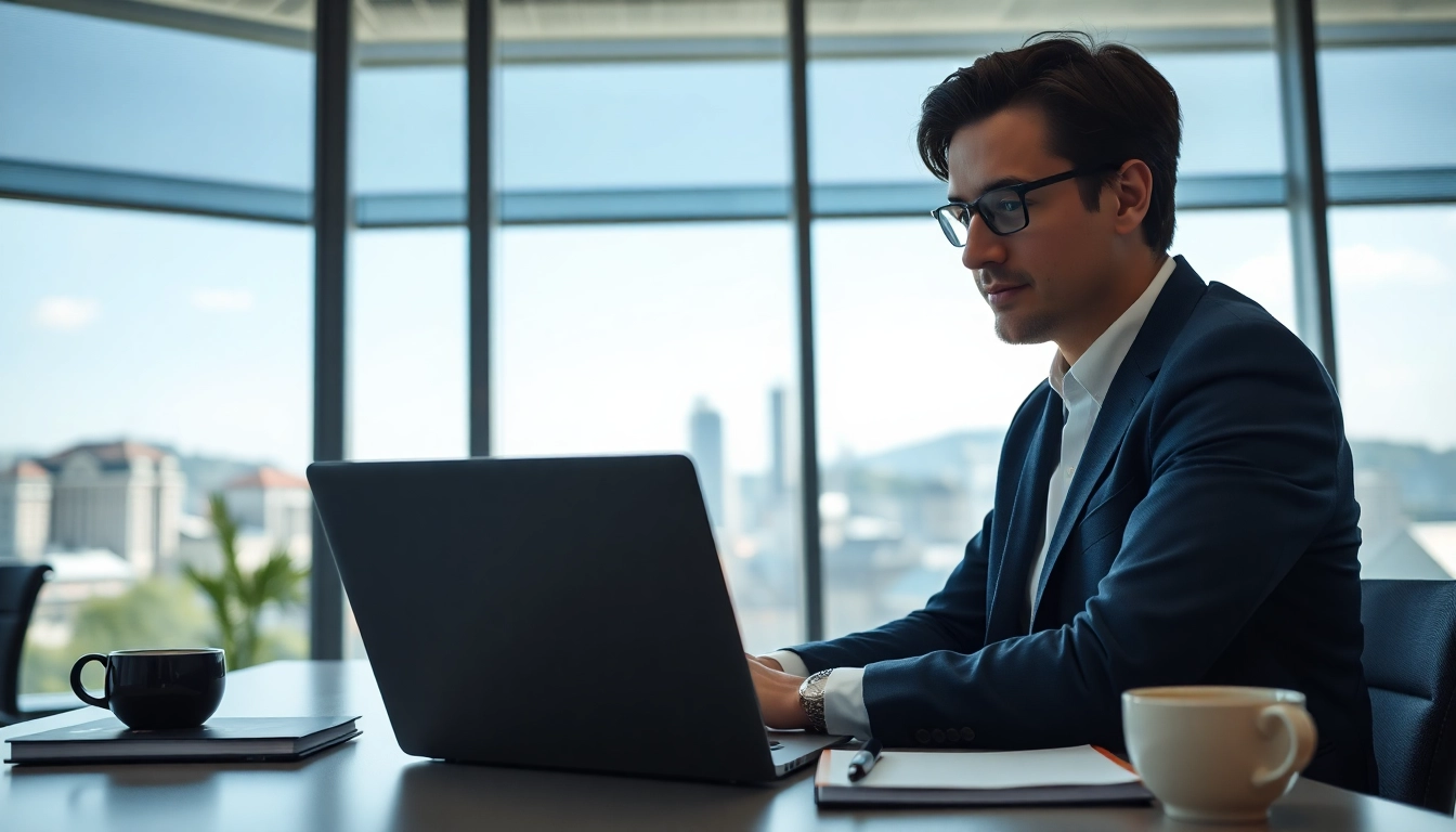 Headhunter Schweiz im modernen Büro mit Laptop und Aussicht auf Zürich.