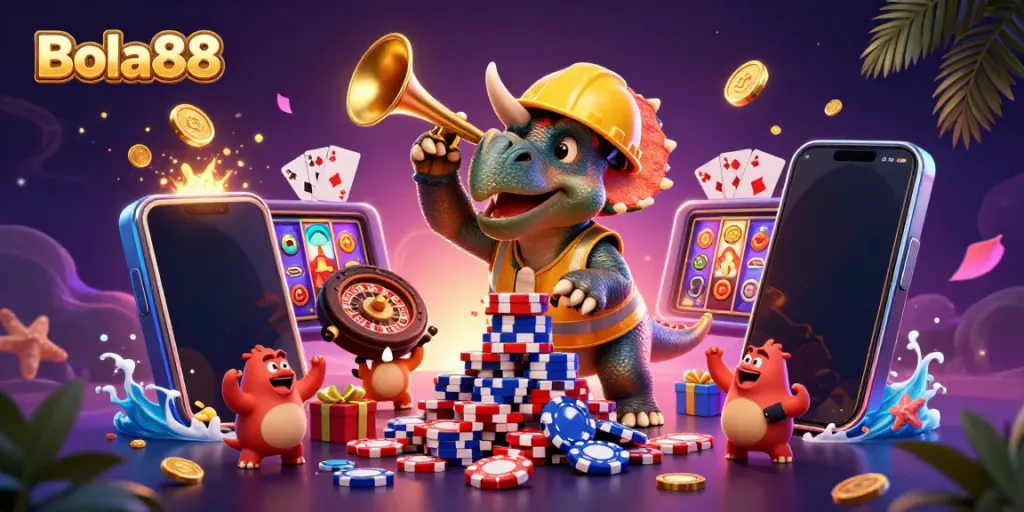 Engage in thrilling poker action at Bola88 with a lively animated scene featuring colorful casino elements.