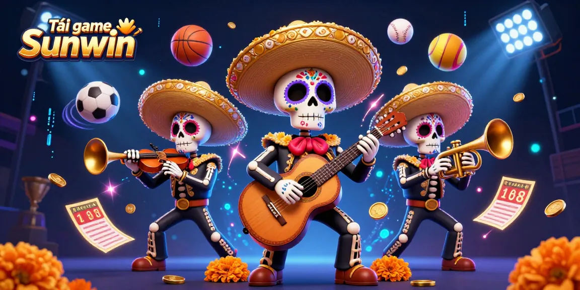 Tải game Sunwin with vibrant skeleton mariachi band surrounded by dynamic sports betting elements