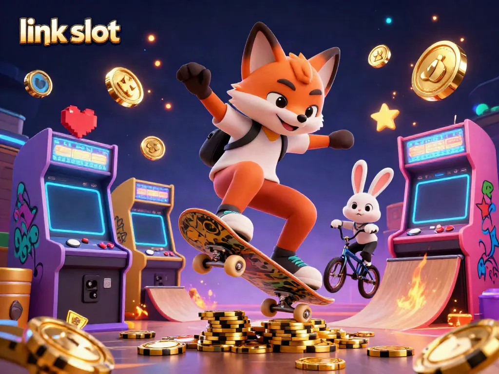 Experience excitement with link slot featuring a fox and rabbit in a vibrant casino-themed scene.