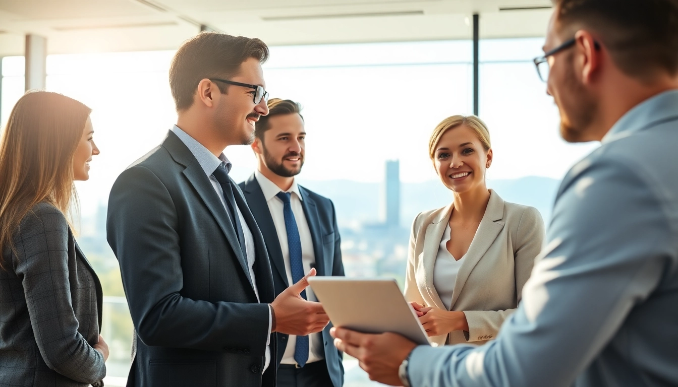 Headhunter Schweiz im Gespräch über Karrieremöglichkeiten in einem modernen Büro.
