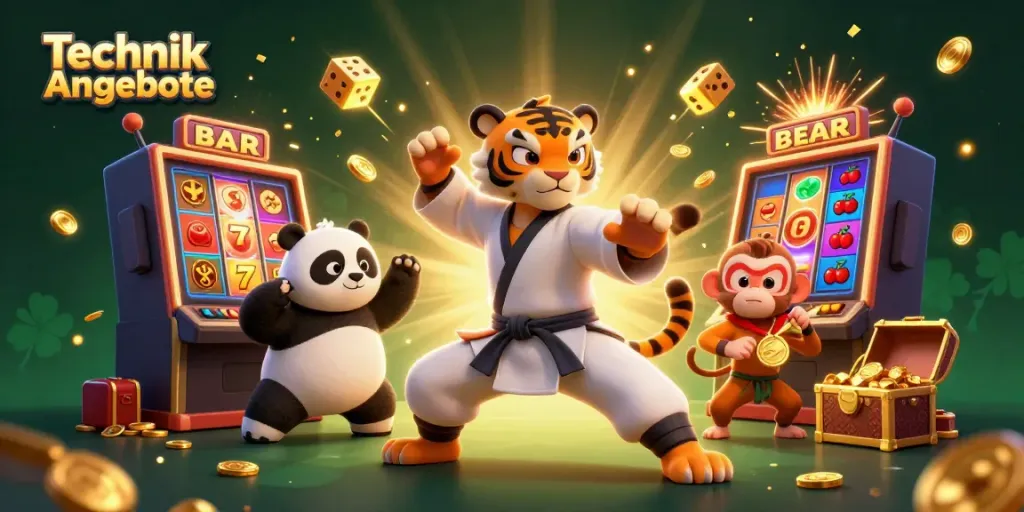Technik Angebote mit 3D-Slots und Spielern im Casino-Setting.