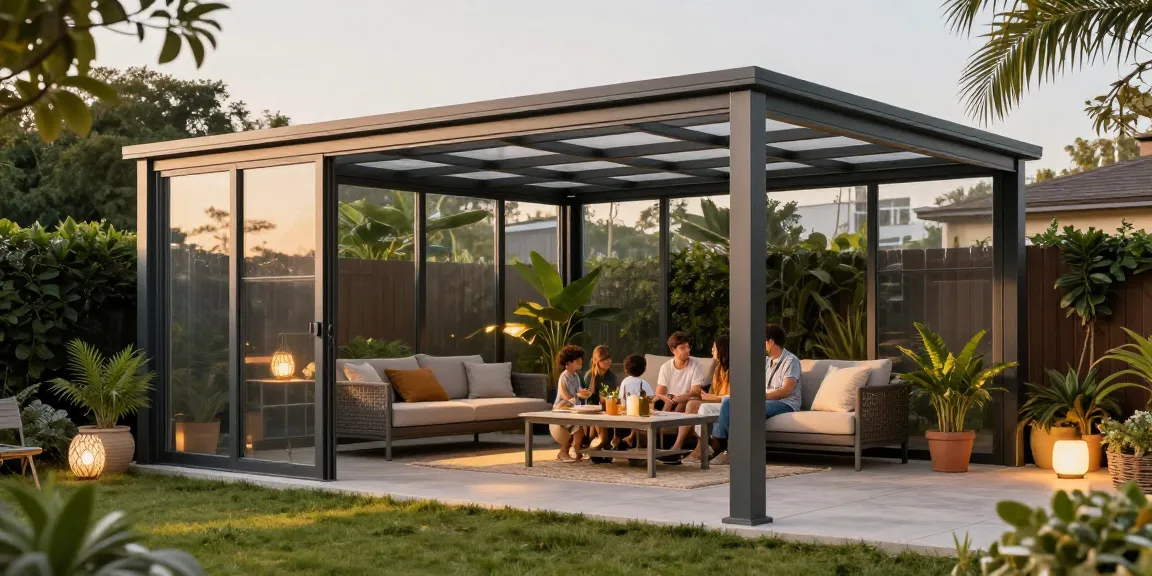 Terrassenüberdachung freistehend aus Aluminium mit gemütlicher Lounge im Garten