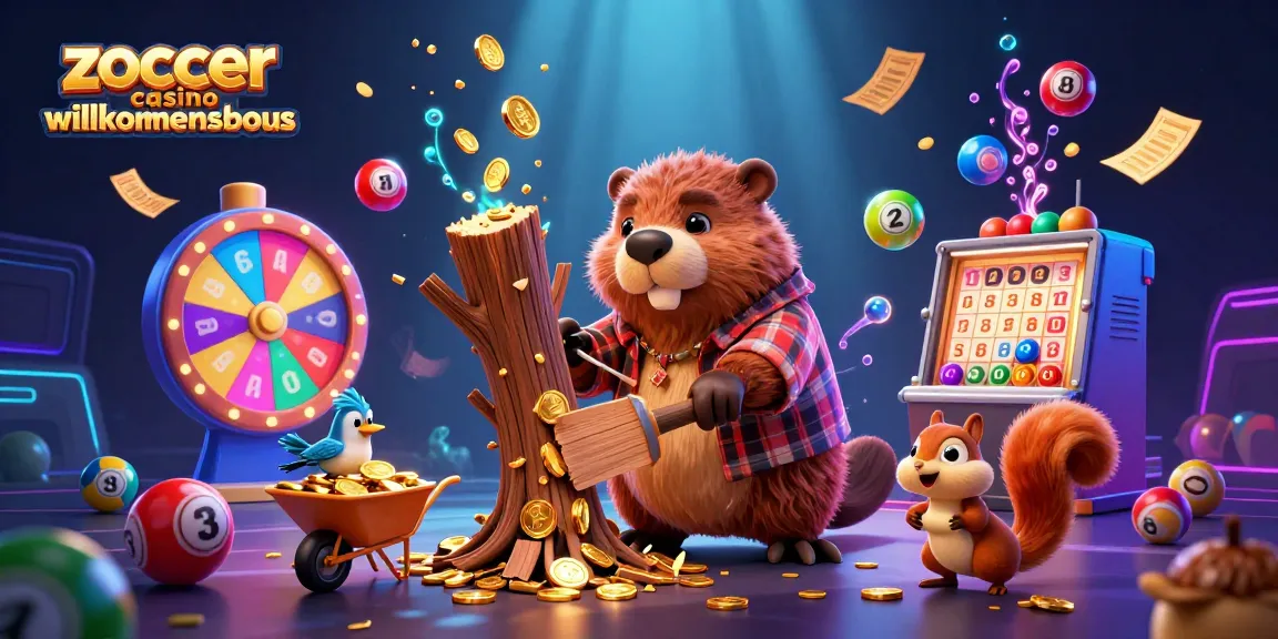 Zoccer Casino Willkommensbonus features a lively scene with characters collecting coins and enjoying vibrant casino-themed elements.