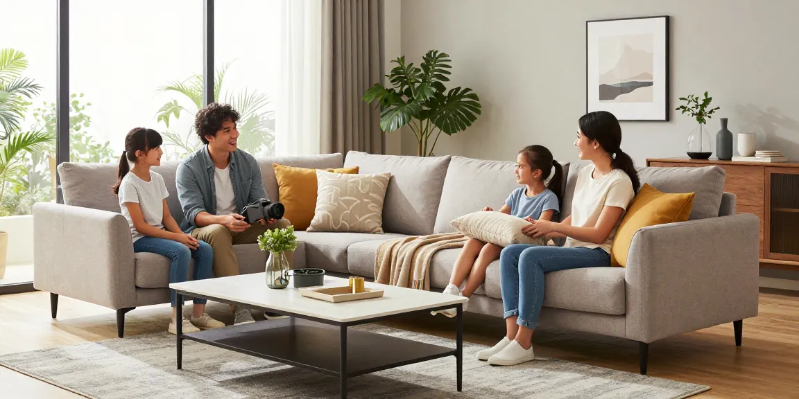 Familie genießt stilvolle und erschwingliche Möbel im modernen Wohnraum, der günstige Möbel online hervorhebt.