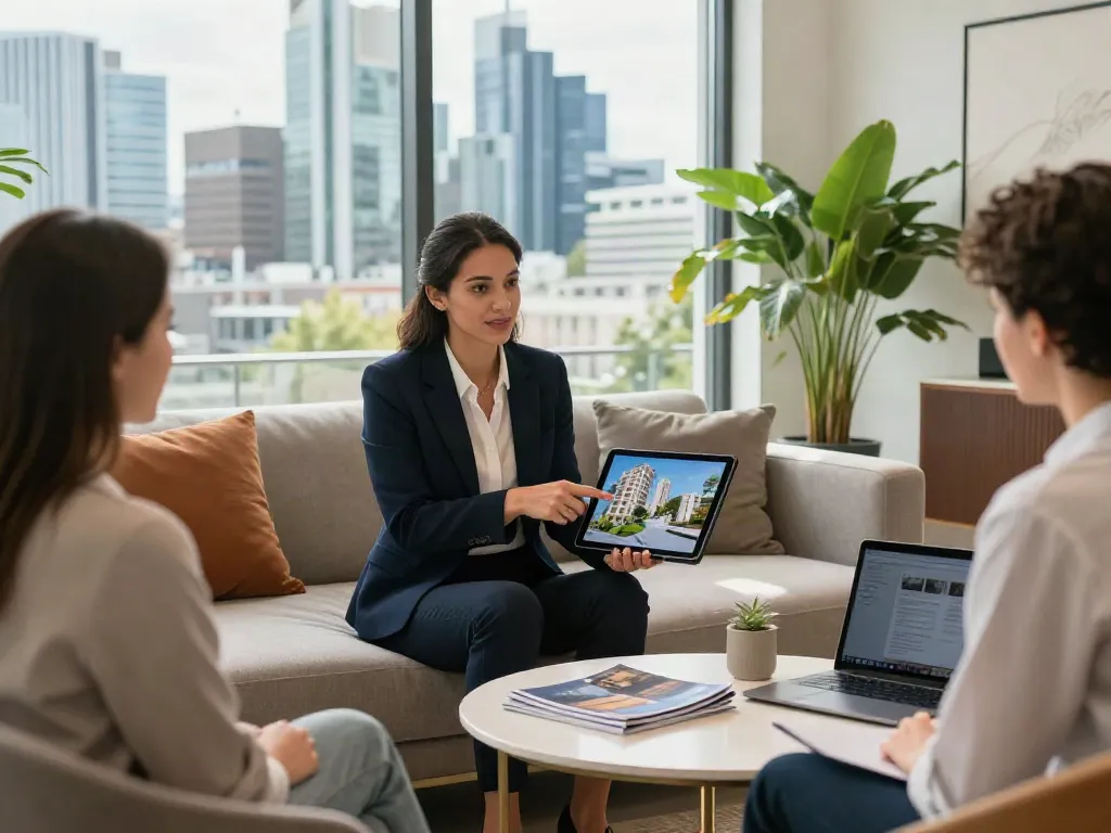 Bester Immobilienmakler Frankfurt präsentiert Luxusimmobilie in modernem Büro.