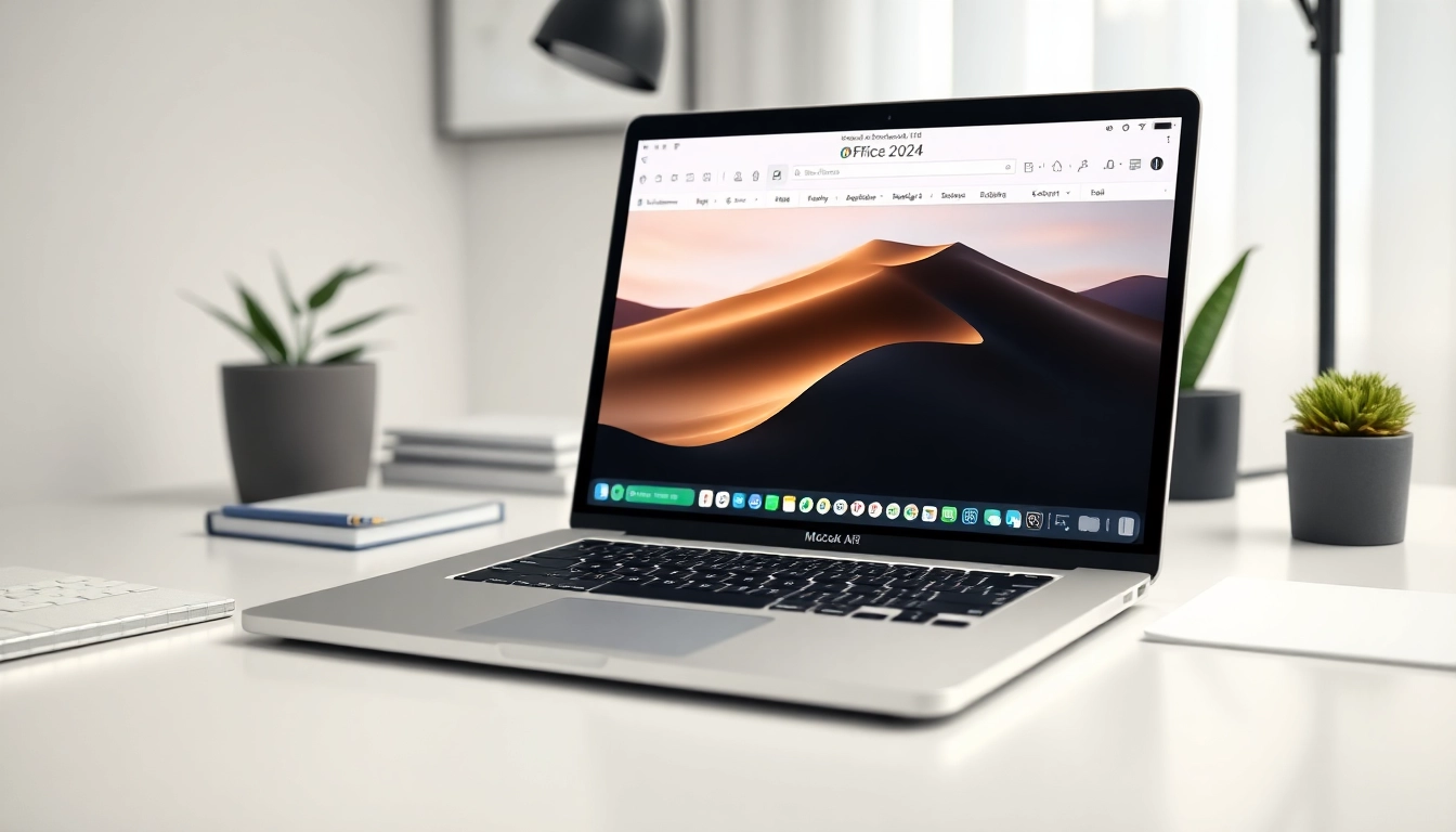 Office 2024 für MacBook Air M3 auf einem eleganten Schreibtisch mit modernen Elementen.