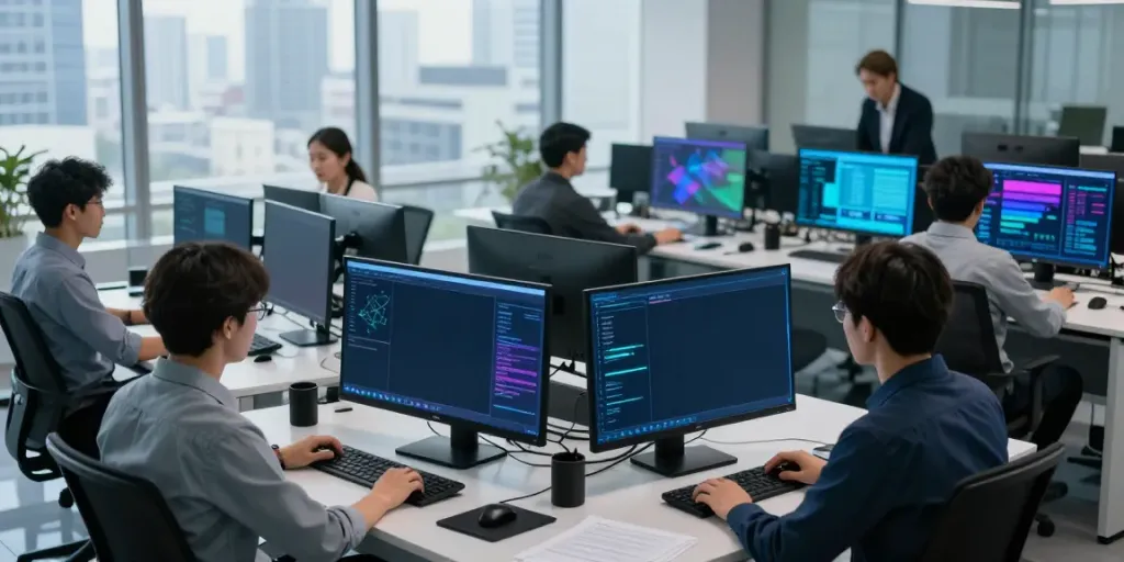 IT Support Frankfurt: Team von IT-Sicherheitsexperten analysiert Bedrohungen in modernem Büro.