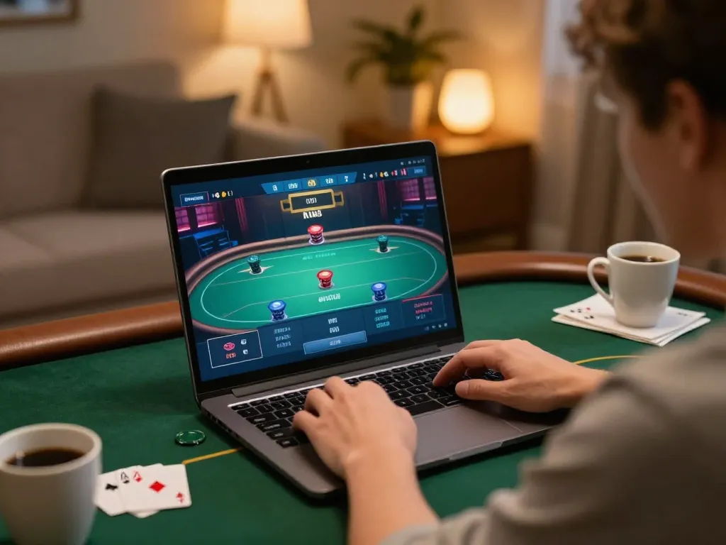 Person engaged in online poker using laptop reflecting strategic play with KI Detektor Uni guidelines.