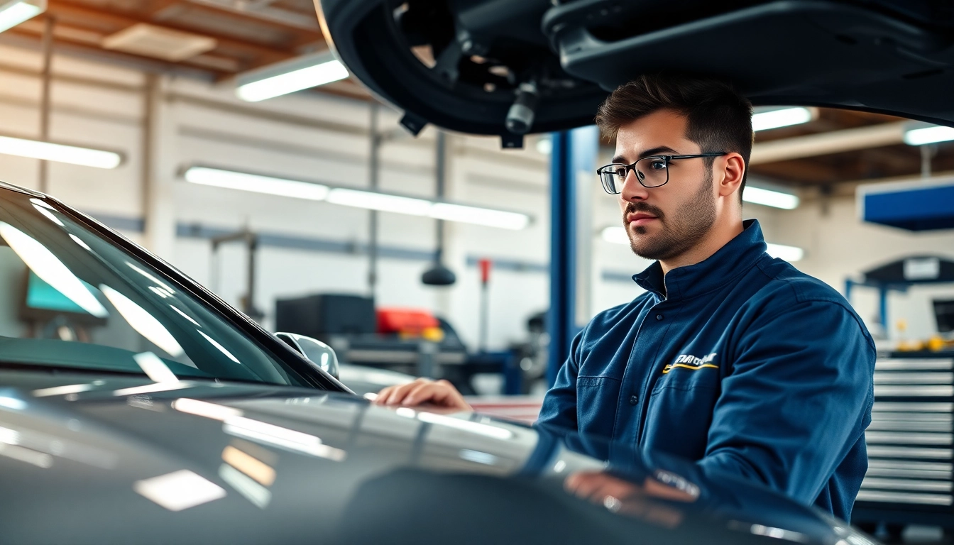 BMW Spezialist repariert ein Fahrzeug in einer modernen Werkstatt.