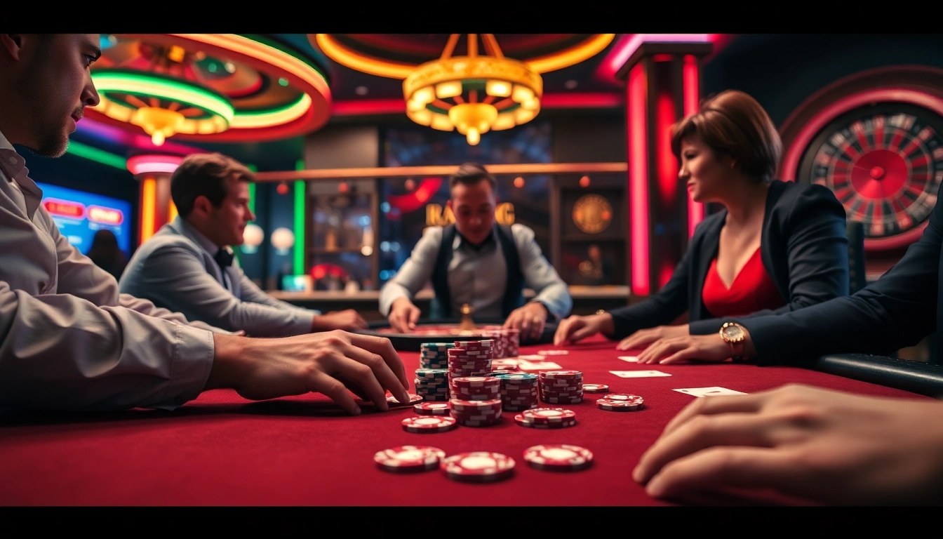 Spannende Casinospiele auf casinospiele.de mit Spielern am Pokertisch und Casinoatmosphäre.