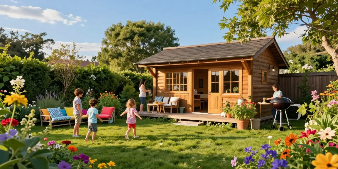 Idyllisches Gartenhaus inmitten blühender Pflanzen, perfekte Wohlfühloase für Familie und Freunde.