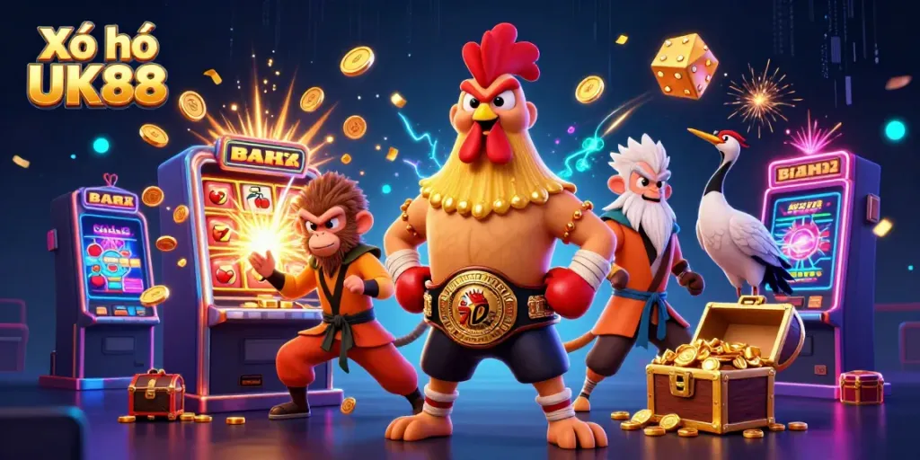 Xổ số UK88 features a vivid scene with dynamic characters and jackpot elements capturing the excitement of online lottery.