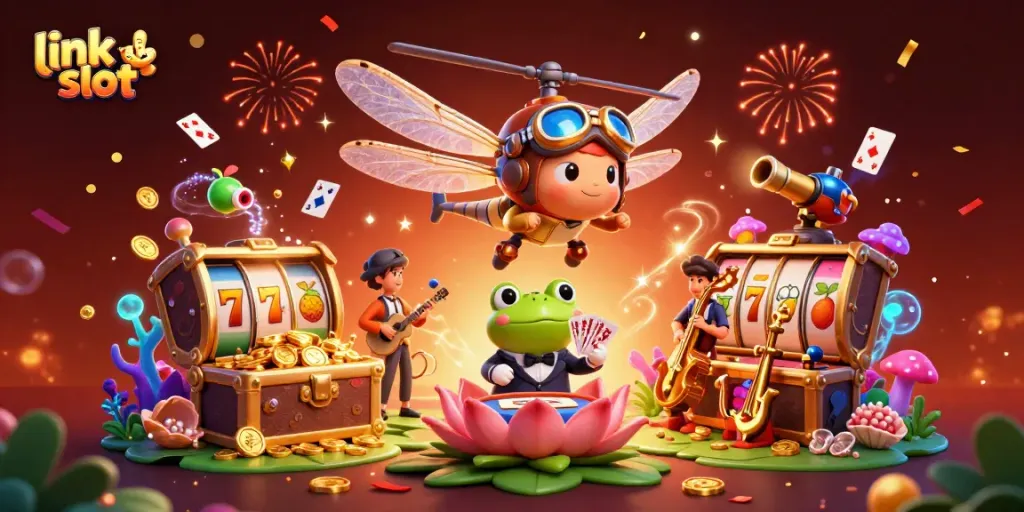 Engage with the exciting link slot experience amidst vibrant casino elements and animated characters.