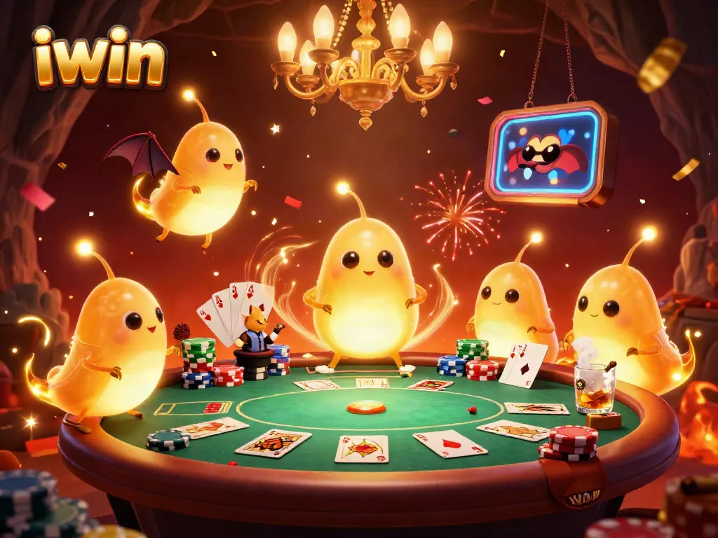 Experience iwin magic with glowing glowworms in a vibrant casino scene, showcasing poker excitement.