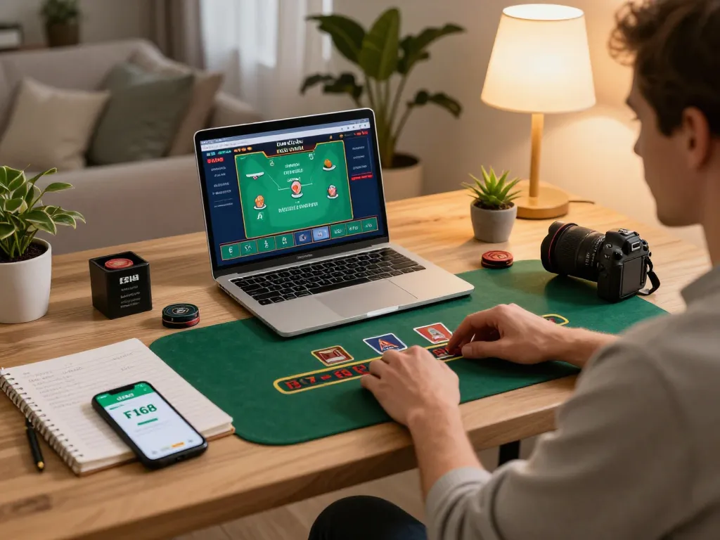 Player using Nhà cái F168 for online blackjack, showcasing a cozy home gaming environment.