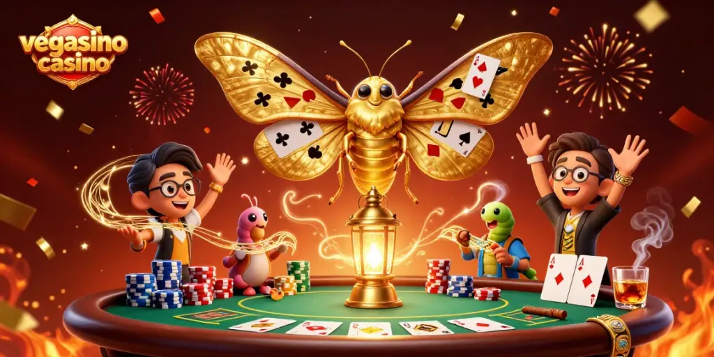 Engage with vegasino casino, featuring vibrant poker elements and dynamic 3D characters in an immersive scene.