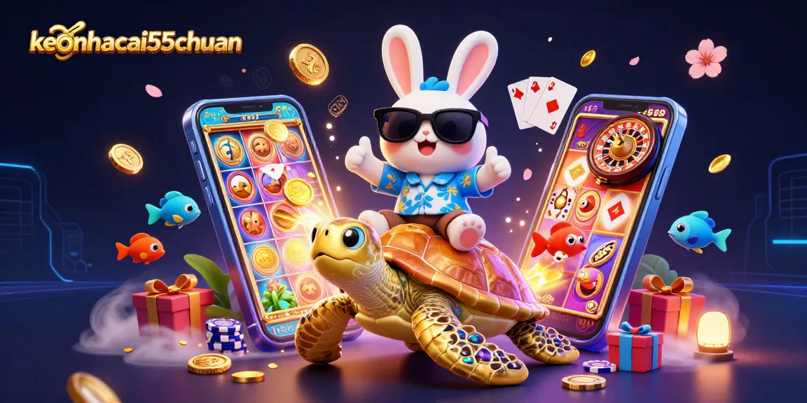 Play slots and win with keonhacai55chuan, featuring a lucky rabbit and golden turtle in a vibrant scene.