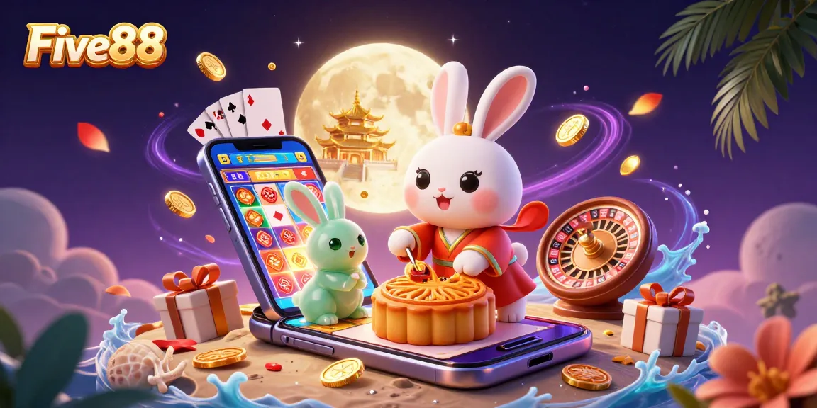 Experience the vibrant gaming atmosphere of Five88 with a lively illustration capturing the essence of online casino excitement.