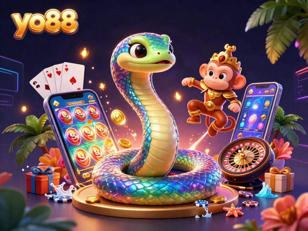 Experience the vibrant luck of yo88 with a colorful casino scene featuring a serpent and monkey king.