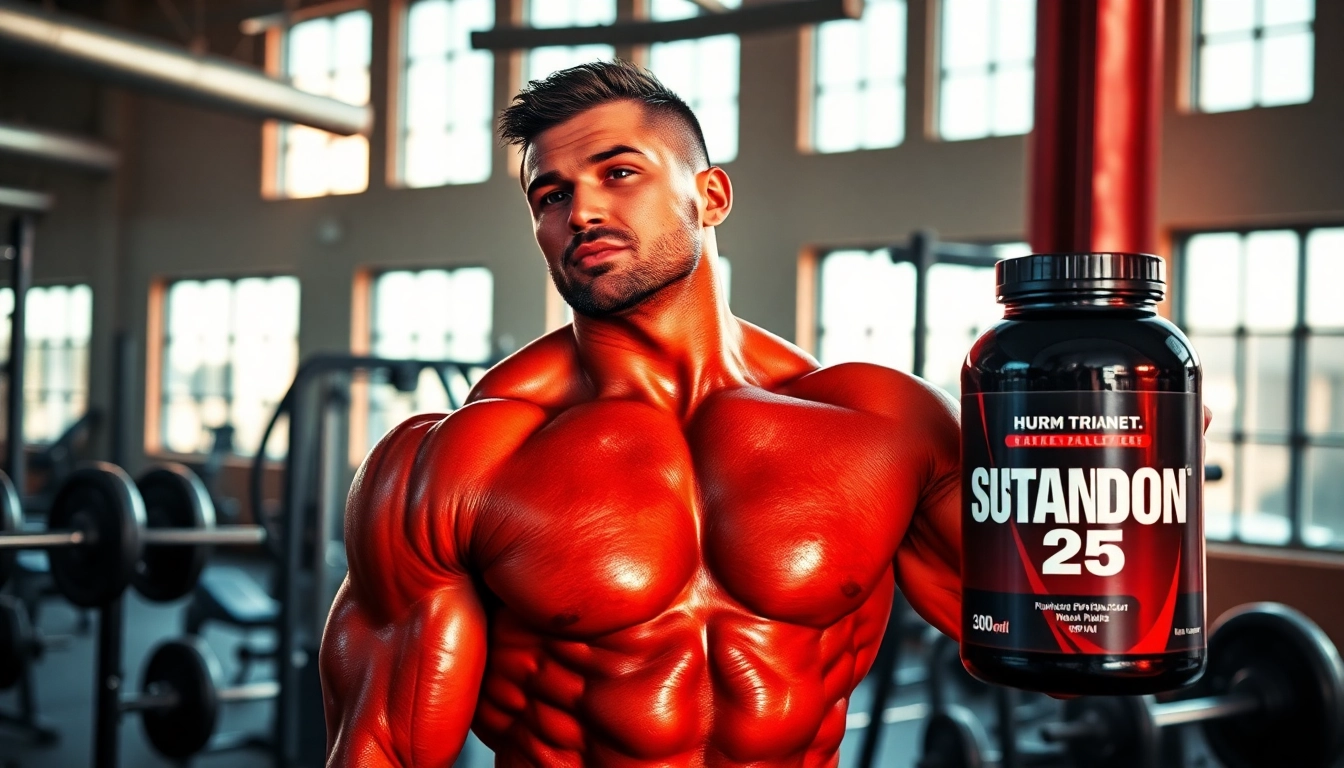 Sustanon 250 kaufen in einem Fitnessumfeld mit einem Bodybuilder, der Krafttraining macht.