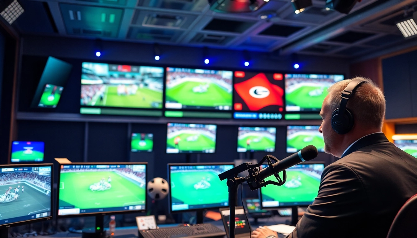 Engaging sports broadcasting setup showcasing dynamic screens and a professional broadcaster.