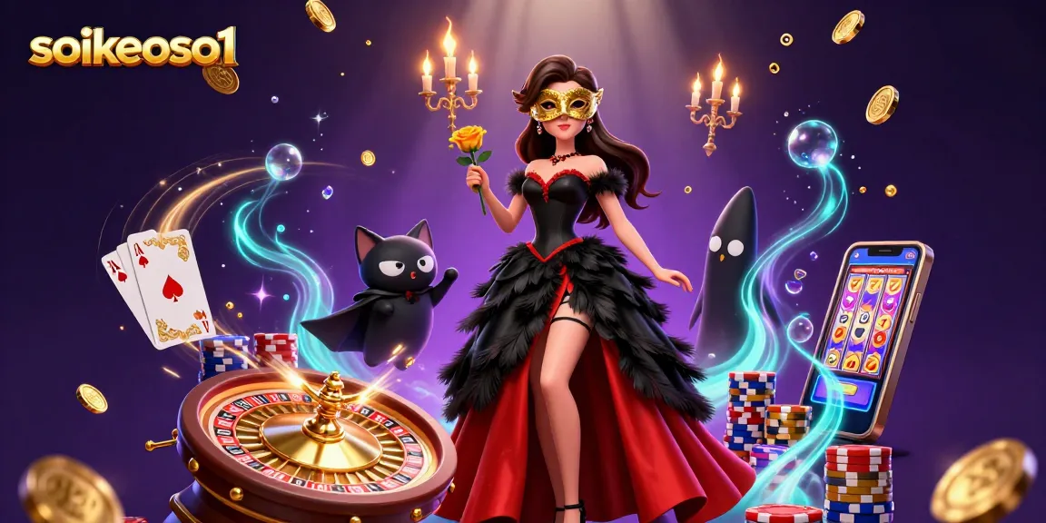 Engage with soikeoso1's exciting casino scene featuring a glamorous woman and dynamic gaming elements.